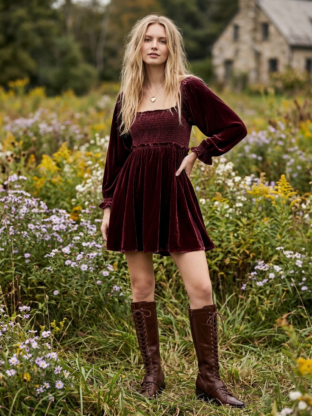 Free People Dainty Renaissance Daphne Velvet Mini Dress Burgundy Brown Small - Picture 17 of 17